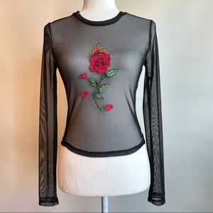 Sheer Mesh Rose Long Sleeved Top